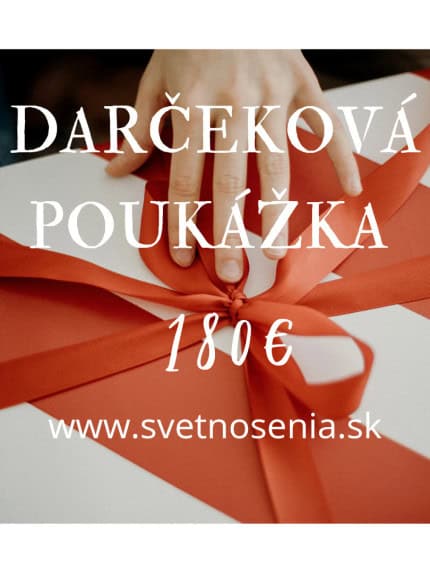 <strong>Chcete darovať darček, ktorý rodičia skutočne plnohodnotne využijú?</strong>

Pripravili sme pre vás darčekové poukážky - darček, ktorý určite poteší.

Pre uplatnenie poukážky obdarovaný zadá jedinečný kód z poukážky do objednávky a suma 180 eur sa mu odráta z nákupu.

V ponuke v dvoch variantoch ako zľava v hodnote 180 eur z nákupu na našom e-shope, alebo poukážka na ergonomický nosič  podľa výberu.

<em>Poukážku nie je možné vrátiť, ani vymeniť za peniaze. </em> - 